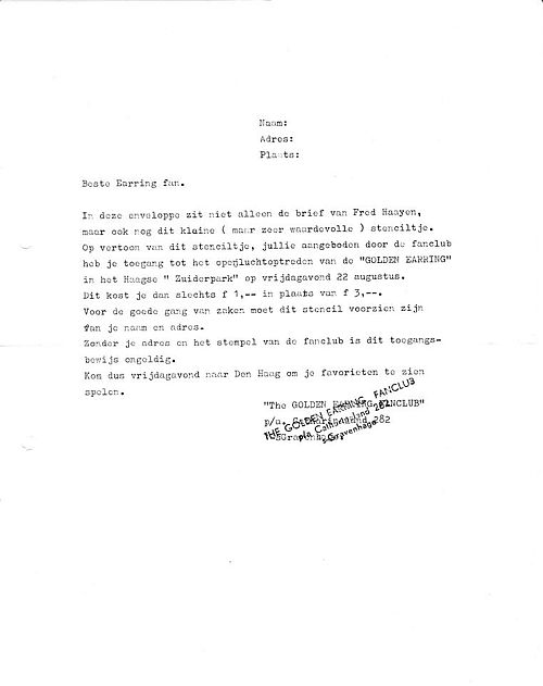 The Golden Earring August 22, 1969 Den Haag - Openlucht theater fanclub info stencil